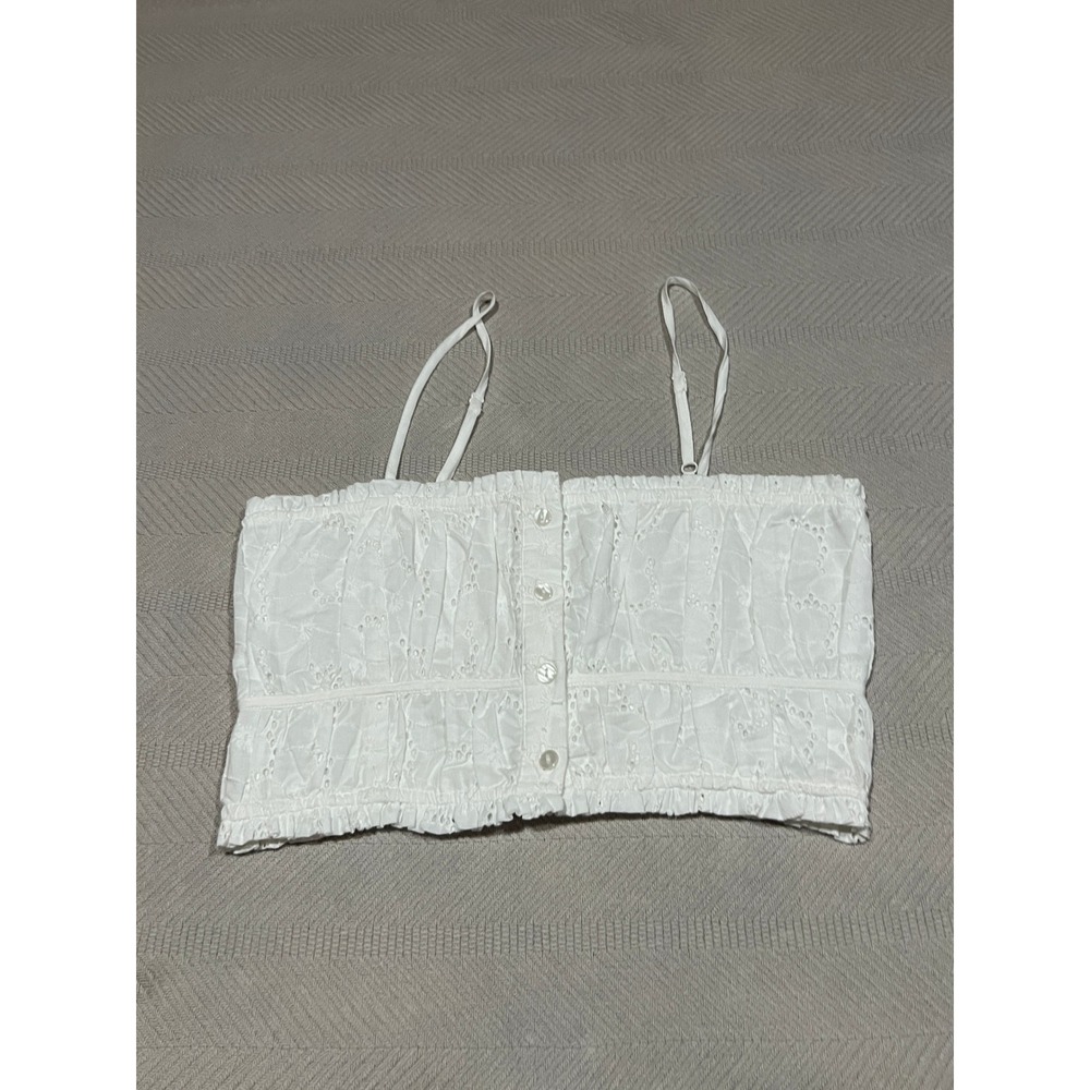 Altar'd State Women's Medium White Eyelet Lace Cotton Boho Smocked Crop Top Cami